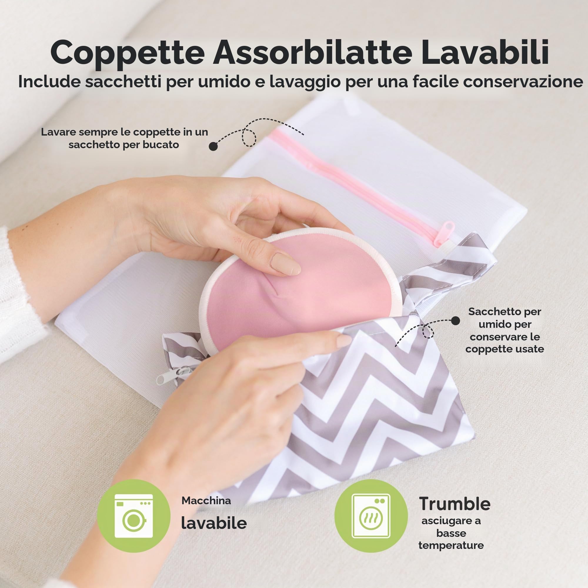 Assorbilatte di Bambù Organico - 14 Cuscinetti Lavabili+ Borsa da Bagno - Cuscinetto per Capezzolo per Allattamento in Maternità (Pastel Touch, Grandi 12cm)