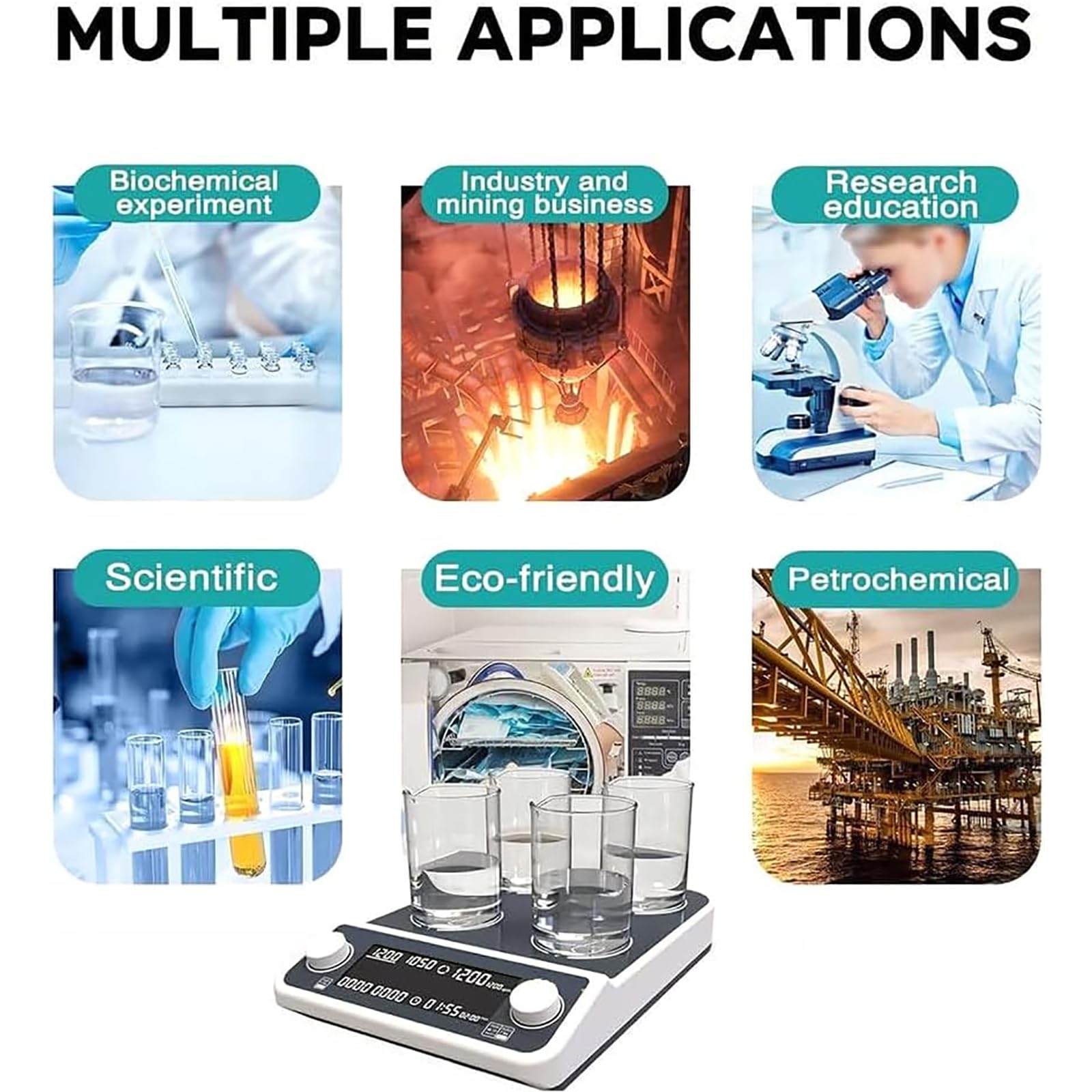 Agitador Magnético De 4 Posiciones, 500ml*4 Mezclador De Líquidos De Laboratorio con Pantalla Digital LED, Control Síncrono/asíncrono, Velocidad: 50-1500rpm, para Mezcla De Líquidos.