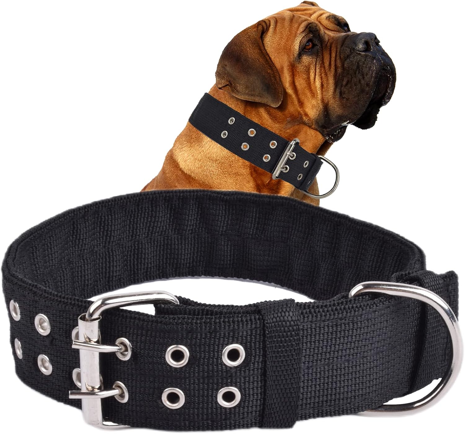 Buckle Dog Collar, 2 Wide Adjustable Nylon Military Tactical Dog Collars, 2-Rows D Ring Heavy Duty Dog Collar