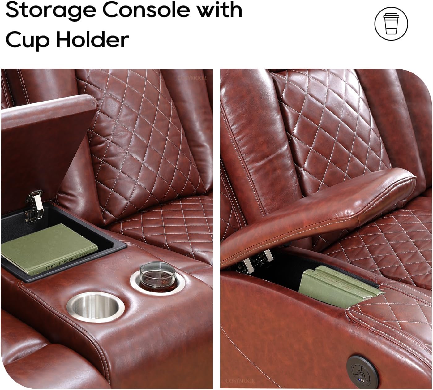 Living Room Furniture Sets, Power Recliner Sofa Sectional Sofa with LED Light for Living Room, Brown Leather Reclining Sectional Couches Set, Cup Holder, Storage Console for Home Theater Seating