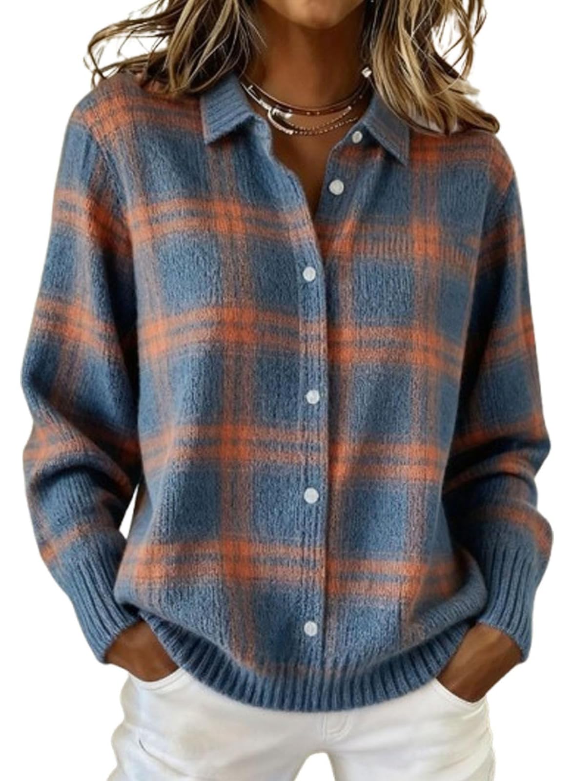 Womens Plaid Print Casual Cotton Buttoned Cardigan Sweater Holiday Knitted Winter Top Collared Cropped Cardigan