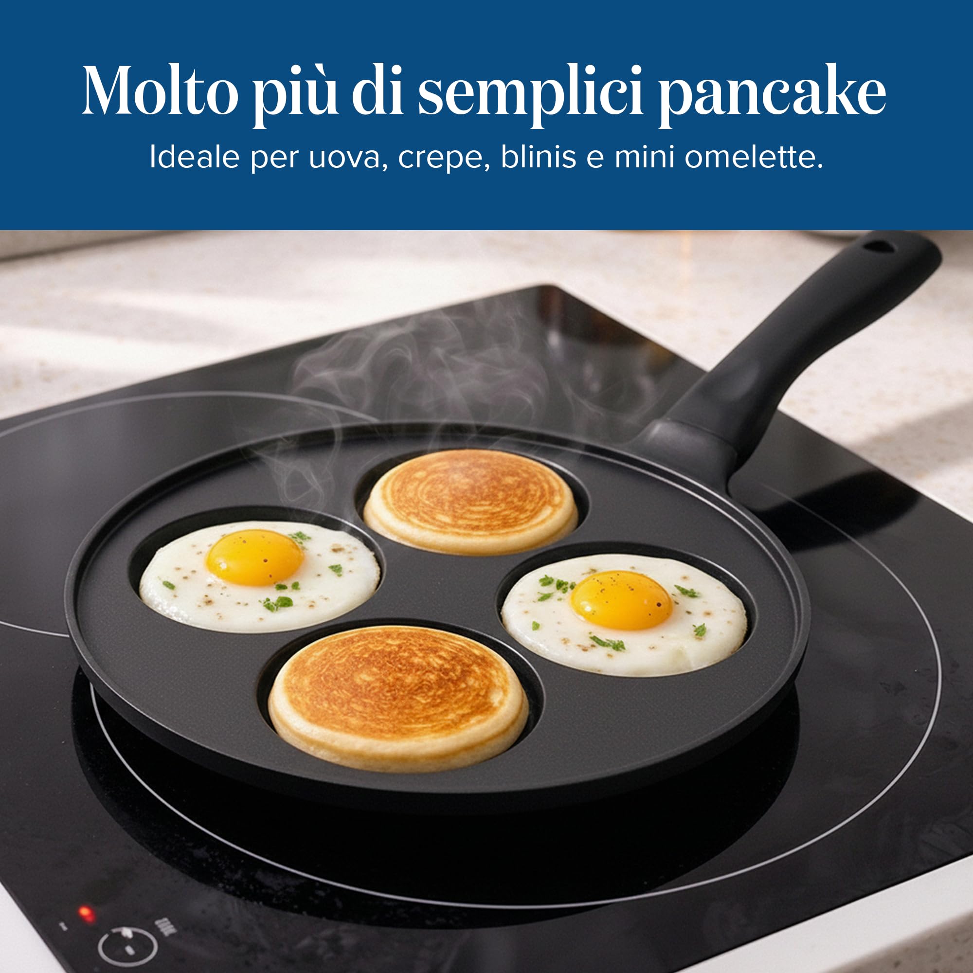 Joeji's Kitchen 4 Fori Padella Pancake 26cm - Induzione Antiaderent Padella Frittata Colazione - Nero