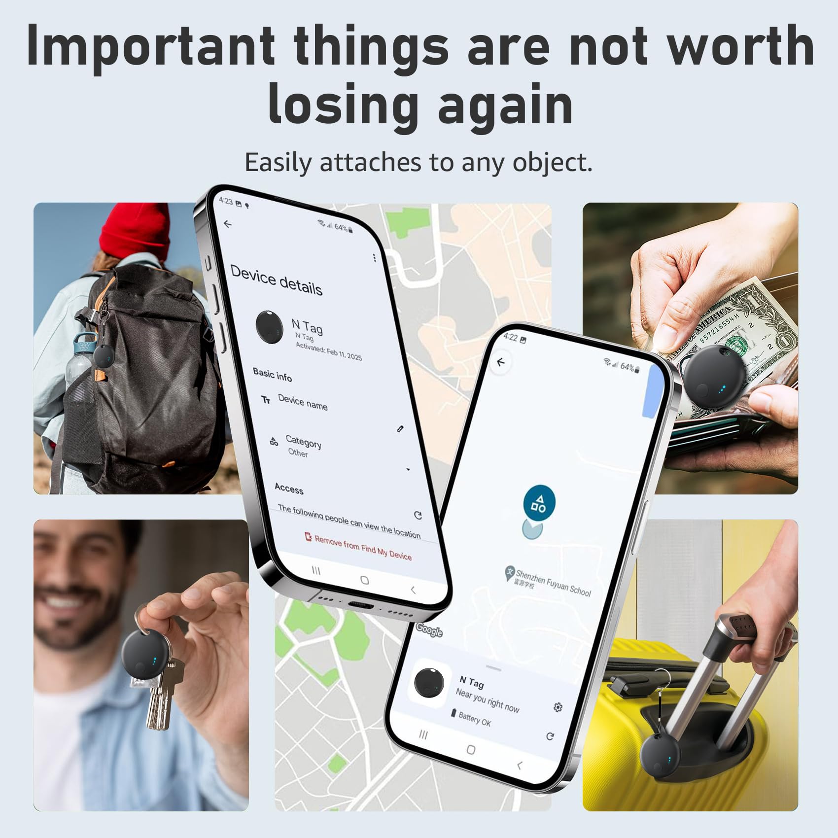 Air Tags Android, Apple e Android Smart Tracker Tag, Bluetooth Localizzatore Trova oggetti Compatibile con Apple e Google Funzioni Trova Dov'è, Localizzatore Chiavi per Borse, Bagagli, Zaini (Nero)