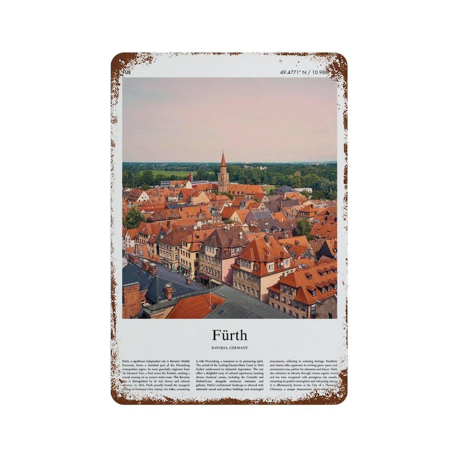 xiaoxiaoshen Fürth Bavaria, Germany City Scenery Wall Decor Art Metal Tin Poster Modern Home Decor Art Home Bar Shop Decorations Vintage Sign 30x20cm