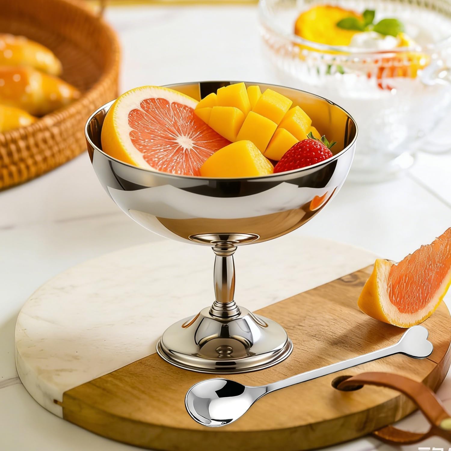 Hapivida 4Pcs Ice Cream Cup, 4.3in Diameter Stainless Steel Serving Dessert Bowls Cups Mini Round Footed Yogurt Snack Candy Cup Sauce Bowl for Salad Fruit Pudding Party