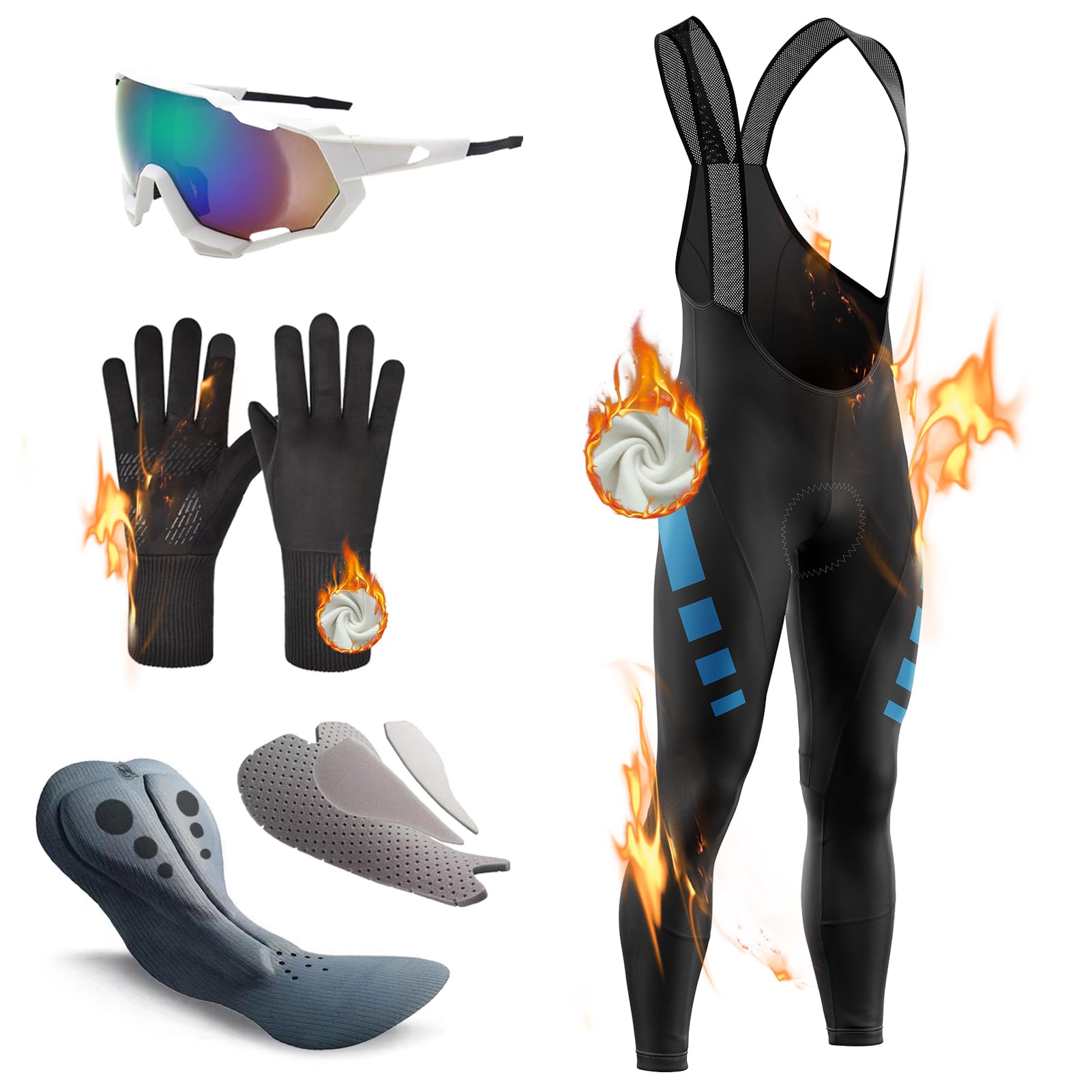 Salopette Ciclismo Uomo Lunga,Salopette Ciclismo, Pettorina e Pantaloni, Cuscino da equitazione ad alta densità, Lunghi Pantaloni Calzamaglia Termico Invernale,antivento