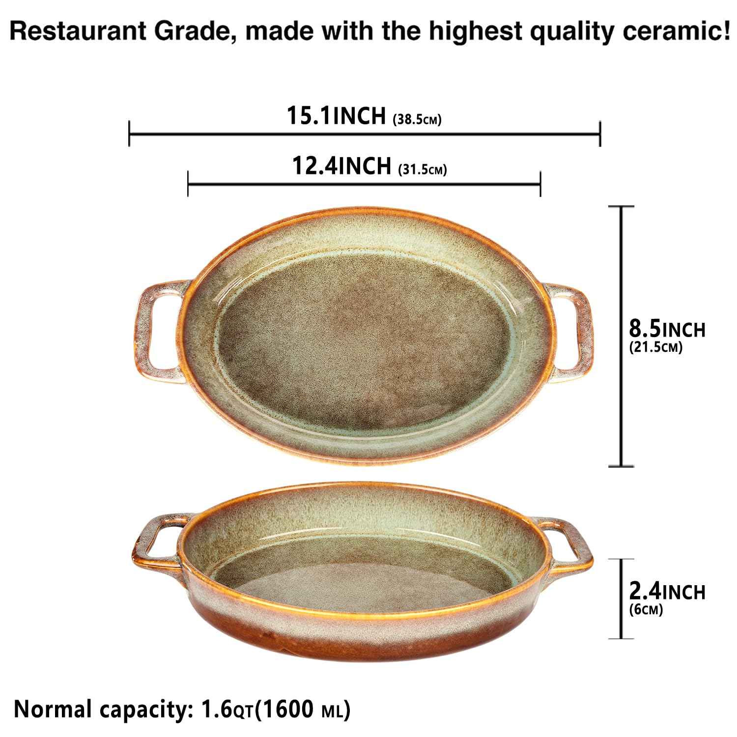 Casseruola in ceramica Au gratin, grande teglia profonda per lasagne da forno, teglia con manici, adatta per forno, microonde, congelatore e lavastoviglie, ottimo regalo (ovale, 38 cm)