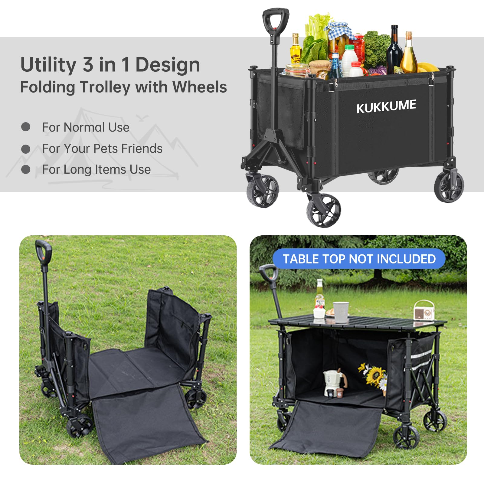 Chariot de Transport Pliable 120 l 100 kg Chariot de Plage Pliable a Roulette avec Bandes Réfléchissantes et Poignée Réglable pour Jardin Sport Courses Camping