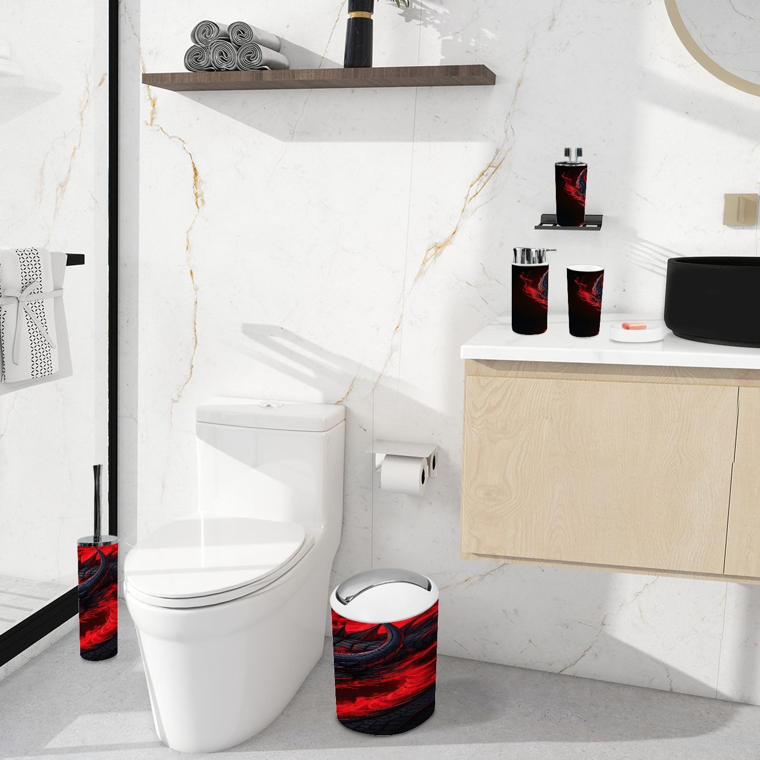 Bathroom Accessory Set 6 Piece Fire Red Retro Power Ancient Fantasy Creature Dragon Flames Trash can, Toothbrush Holder, Soap Dispenser, Soap Dish, Toothbrush Cup, Toilet Brush Holder