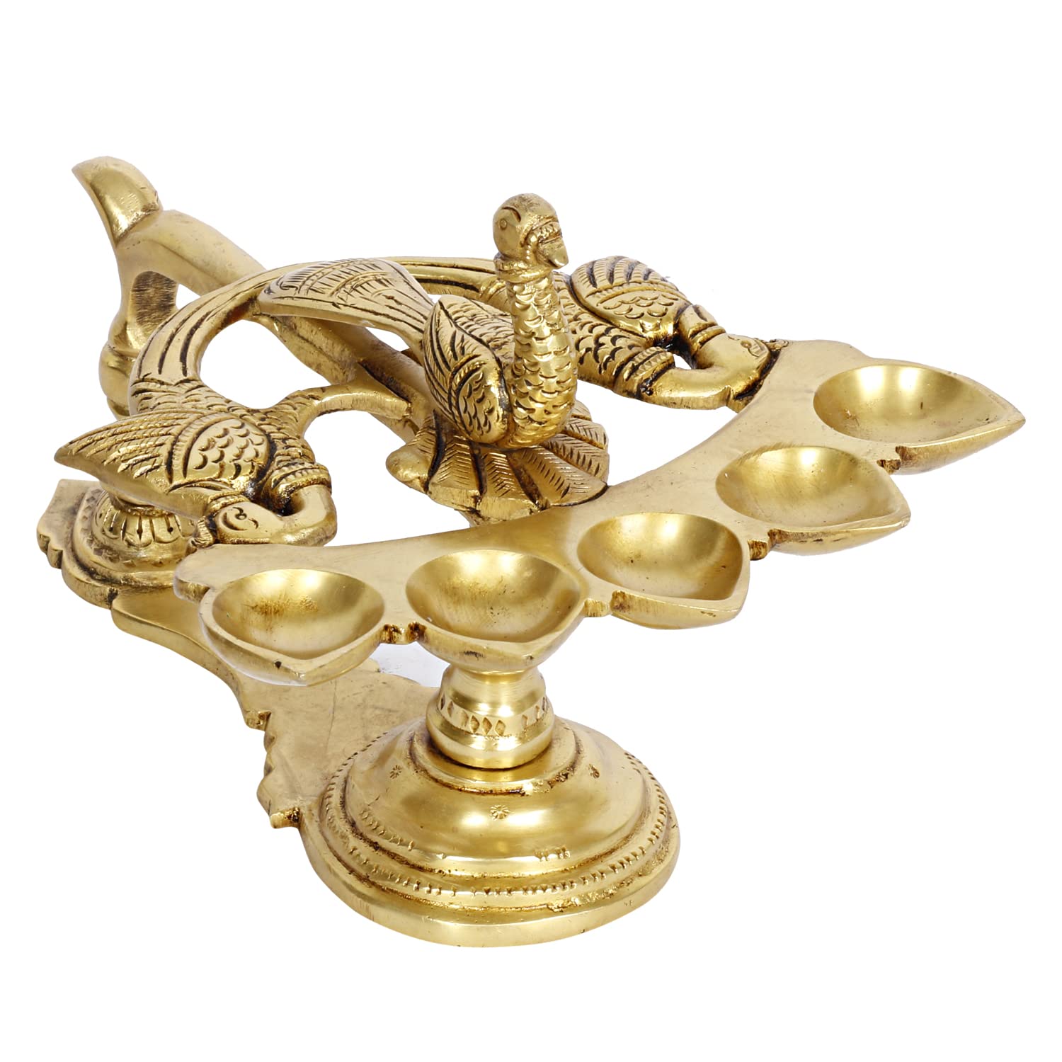 Artvarko™ Paw ptak wzór 5 olejnych knotów mosiężnych Panch Aarti Diya z uchwytem dekoracyjne akcesoria do pudży, lampa kamforowa Aarti do Navratra, Diwali Prezenty Wystrój domu 20 cm.
