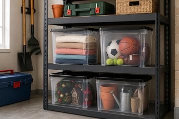 RelianceUK 4 X 80L Large Plastic Storage Box with Black Lid - Strong Stackable Storage Boxes 80 Litres - Home, Office, Kitchen, Nestable Storage Containers | Made in UK (80 Litre / 4 Pack)