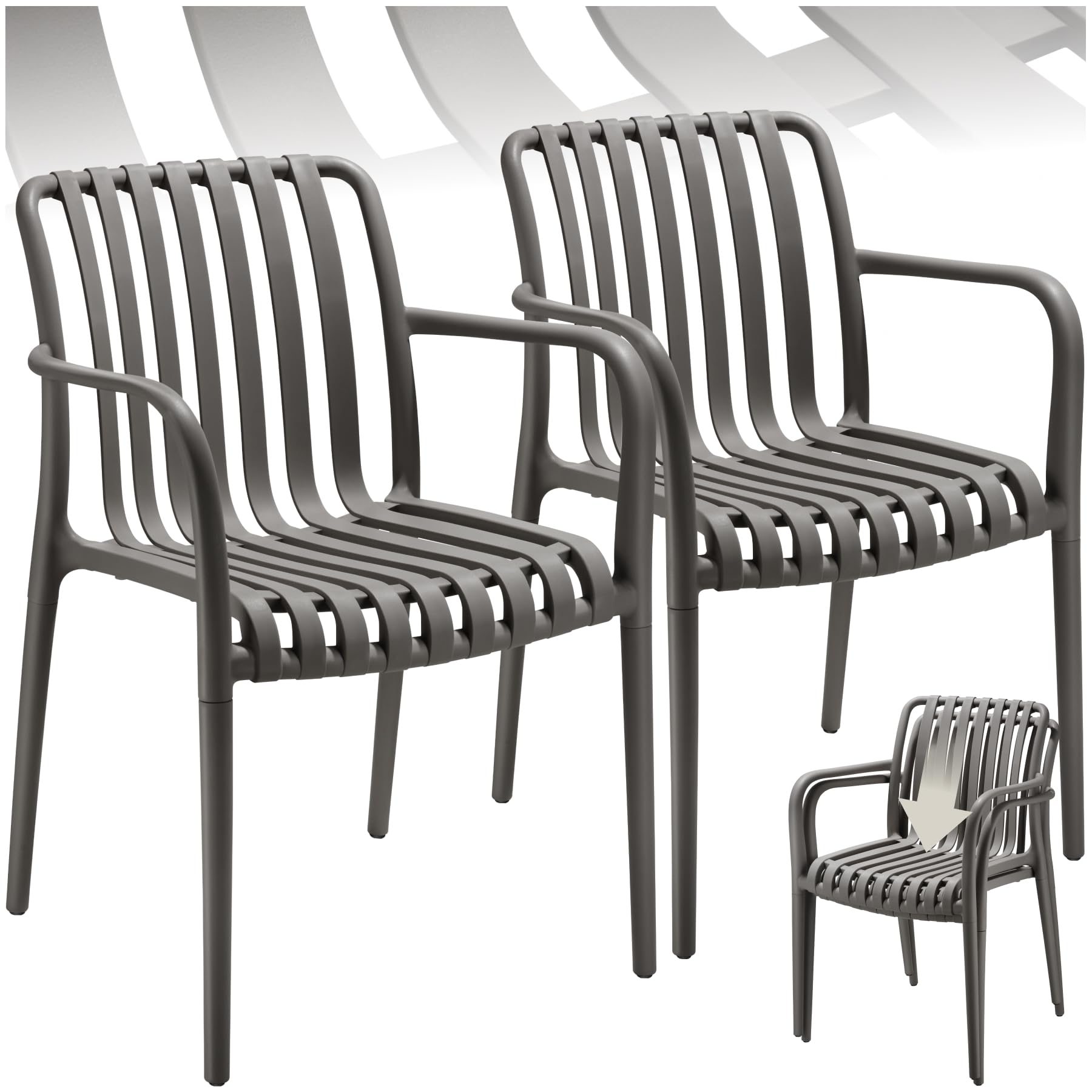 TecTake® Sillas Terraza Exterior Apilables, Plástico Resistente, Antideslizante, Fácil de Montar, Muebles Resistentes, Sillas Jardin Exterior - Set de 2 con Reposabrazos Antracita