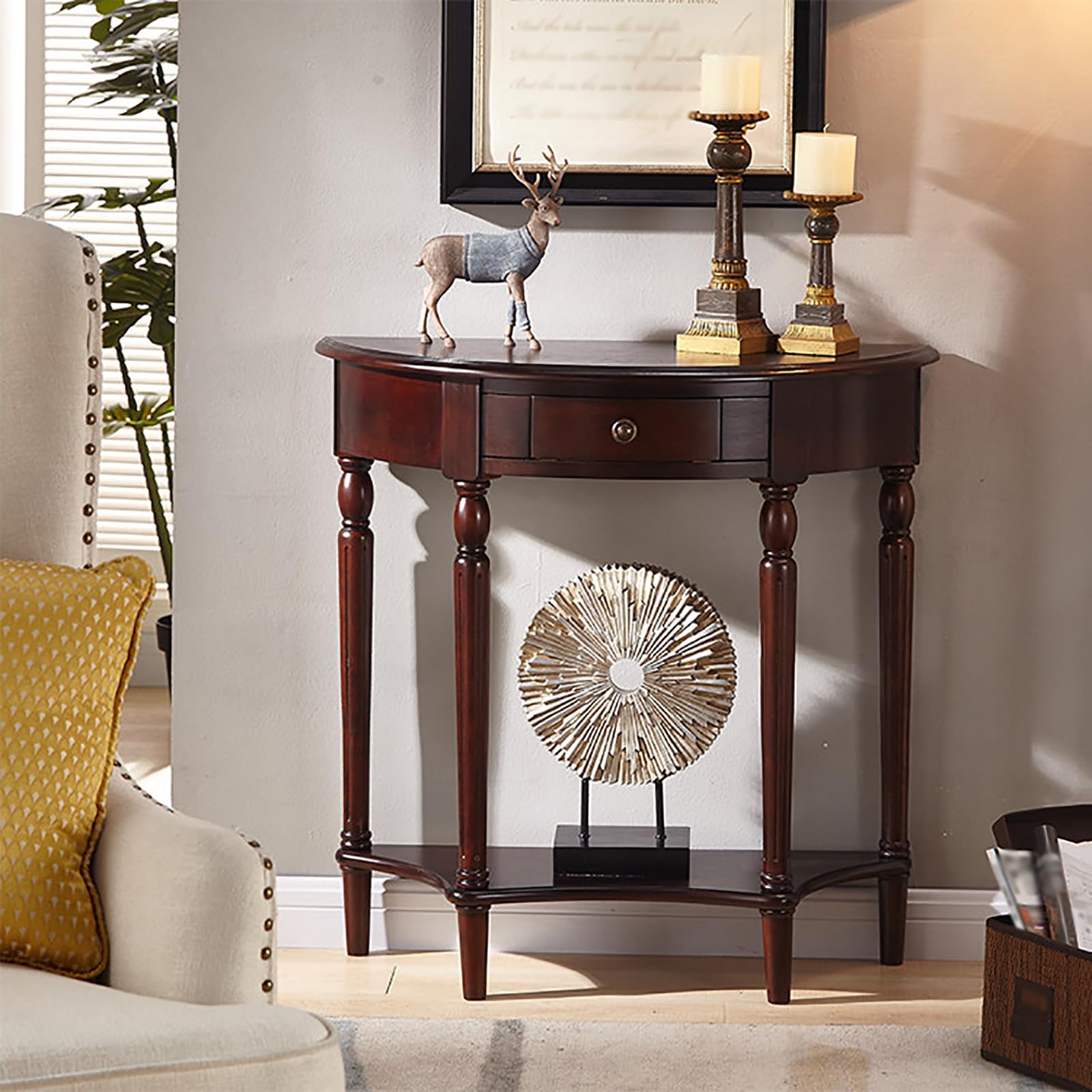 SXZenSpace Medieval Half Moon Solid Wood Console Table with Drawer & Storage Shelf Stylish Entrance Hallway Ideal Living Room Side for Bedroom Foyer