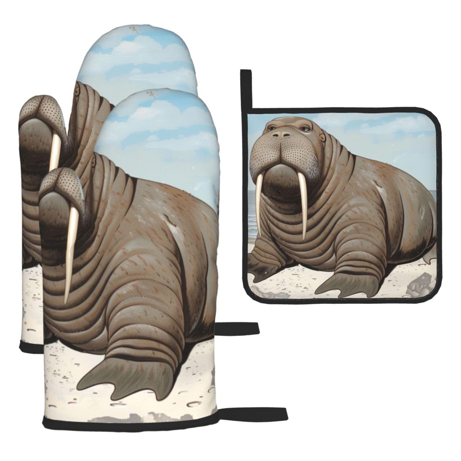 Walrus Printed Oven Gloves And Pot Holders Set 3 Pcs - Heat Resistant Oven Mitts And Potholder Pads Sets 3 Pieces For Kitchen Chef Bbq Cooking Baking Grilling