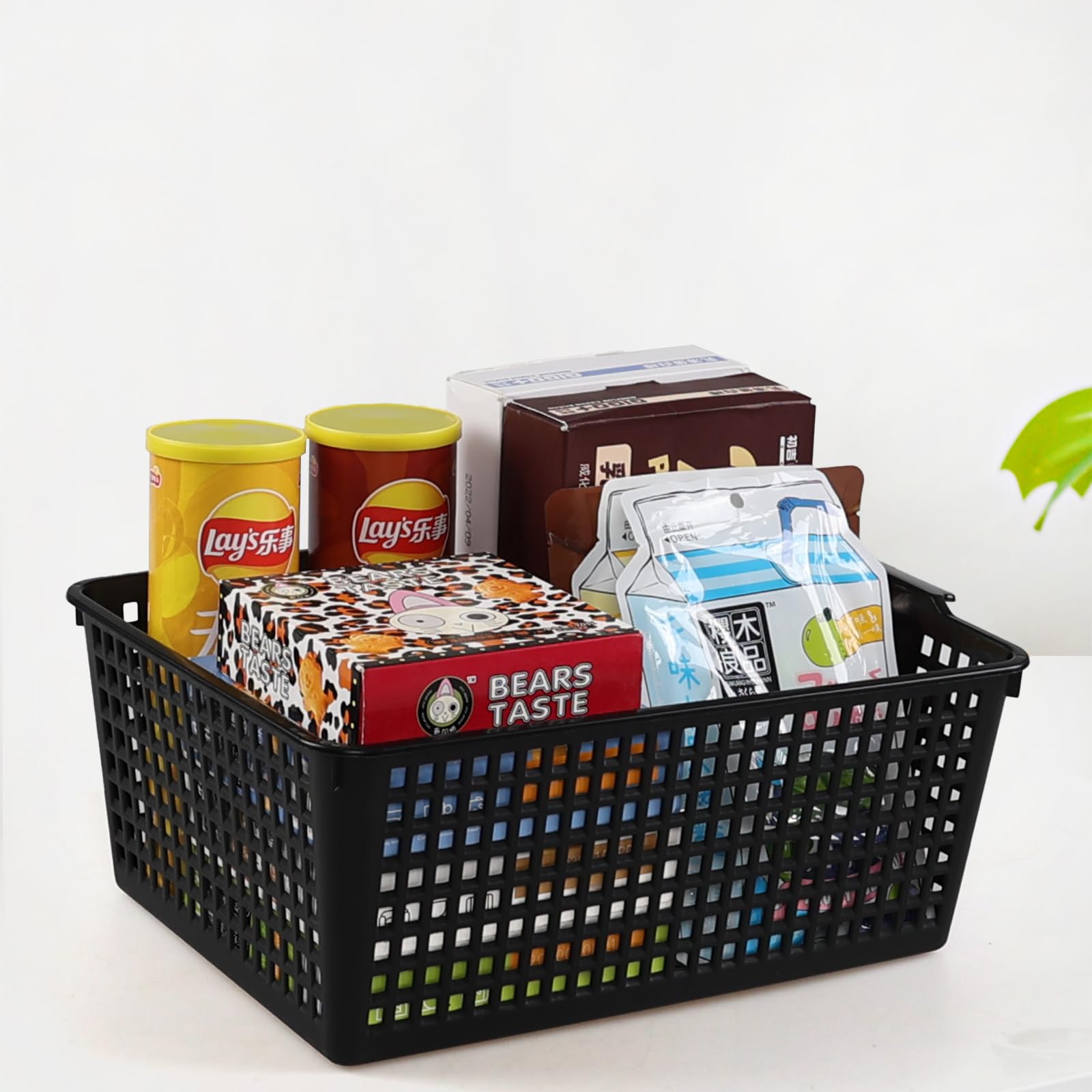 Juego de 6 cestas de almacenamiento tejidas de plástico, cestas de almacenamiento negras para armario de cocina