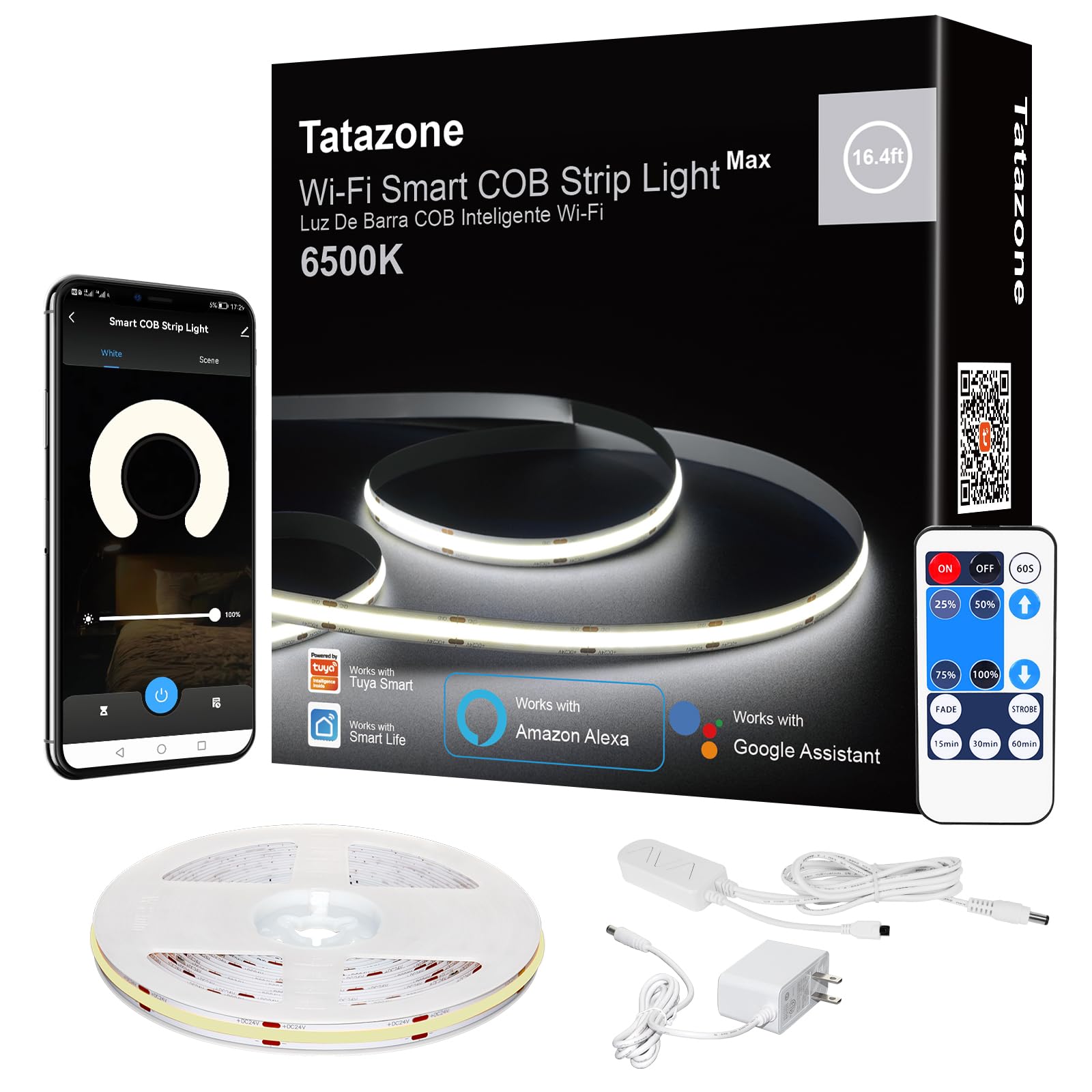 Tatazone Striscia LED COB WiFi da 5 m, 6500 K, con app e telecomando, compatibile con Alexa e Google, dimmerabile, luce bianca fredda, per interni, per scale, cucina, armadio