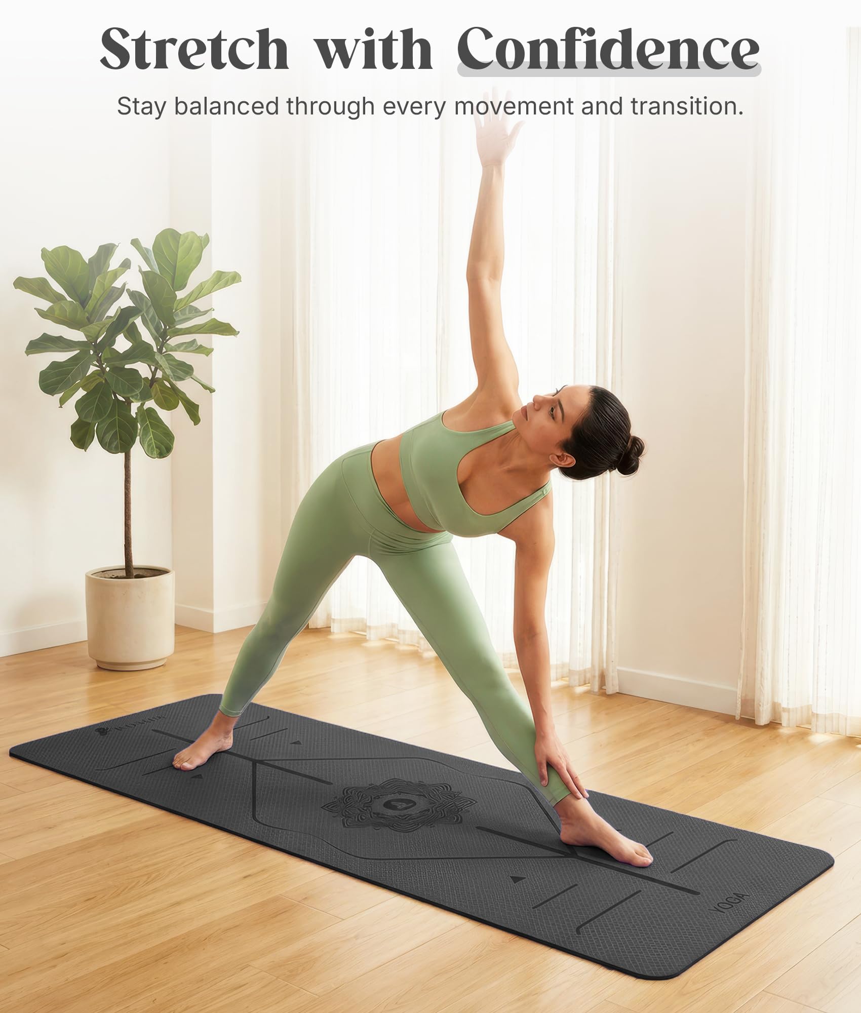 ROMIX Tappetino Yoga Antiscivolo Con Linee di Allineamento, 6mm Tappetino Palestra Professionale con Borsa per il Trasporto e Tracolla, Yoga Mat, Leggero Tappeto Pilates per Fitness, Allenamento