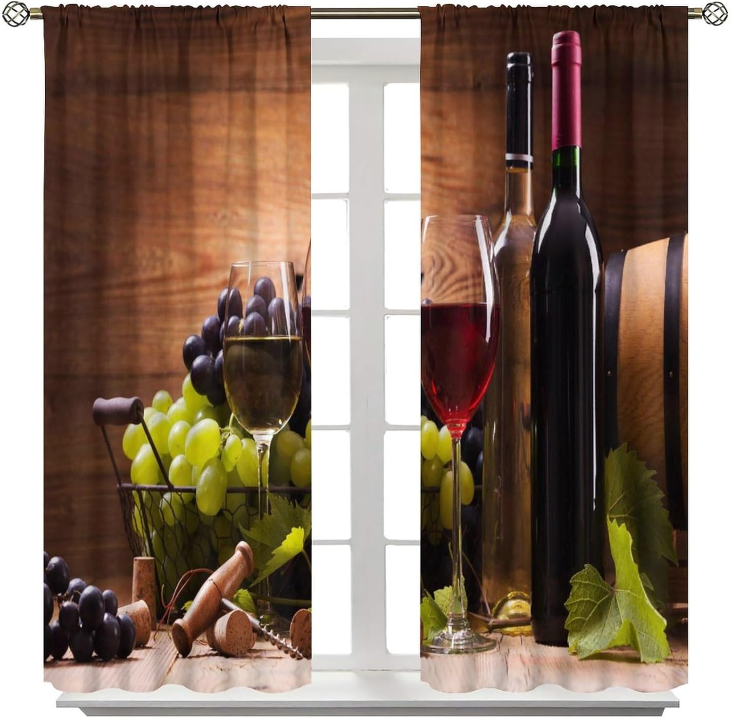 Wine Decor Window Curtains, Glasses of Red and White Wine Served with Grapes French Gourmet Tasting for Home Kitchen Restaurant Decoration Window Curtain 2 Panels 42x63in