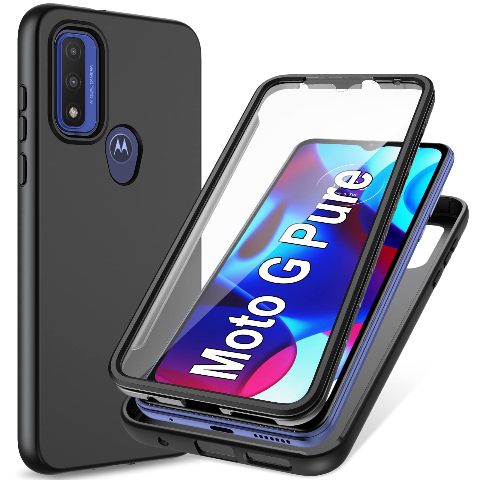 PUJUE for Motorola Moto-G Pure Phone Case: G Play 2023 | G Power 2022 Silicone Matte Case 360 Full Protection - Rugged Bumper Durable Shockproof Drop Protective TPU Cell Phone Cover Woman Men (Black)
