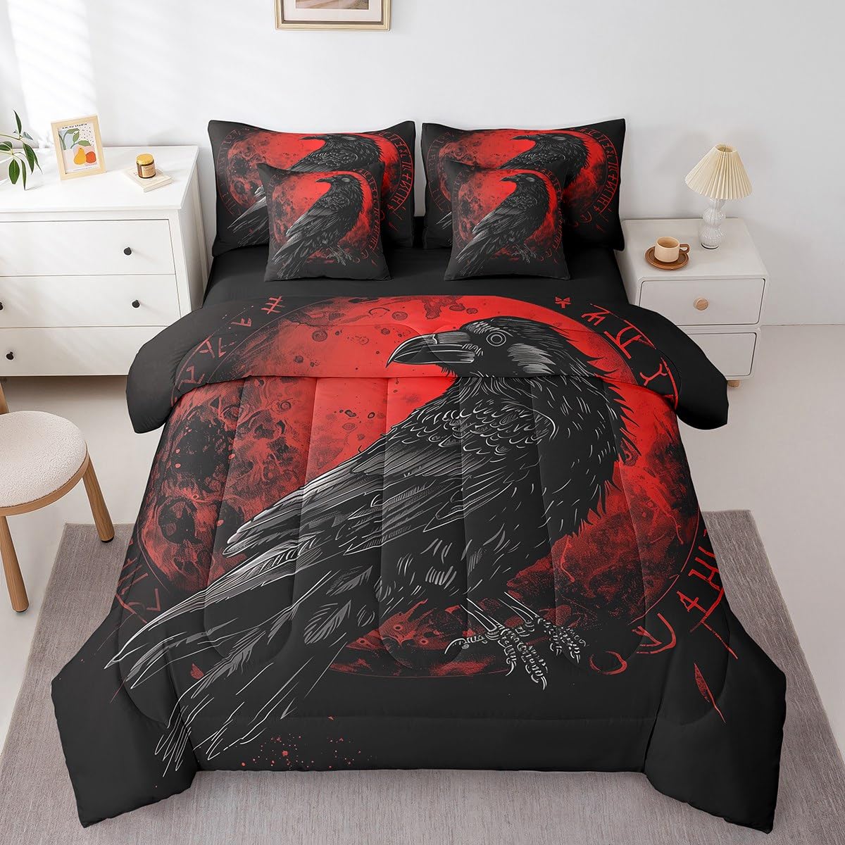 Erosebridal Vintage Viking King Comforter Set 7 Piece Viking Raven Bed in A Bag Nautical Adventure Bedding Set Nordic Mythology Exotic Tribe Bed Set