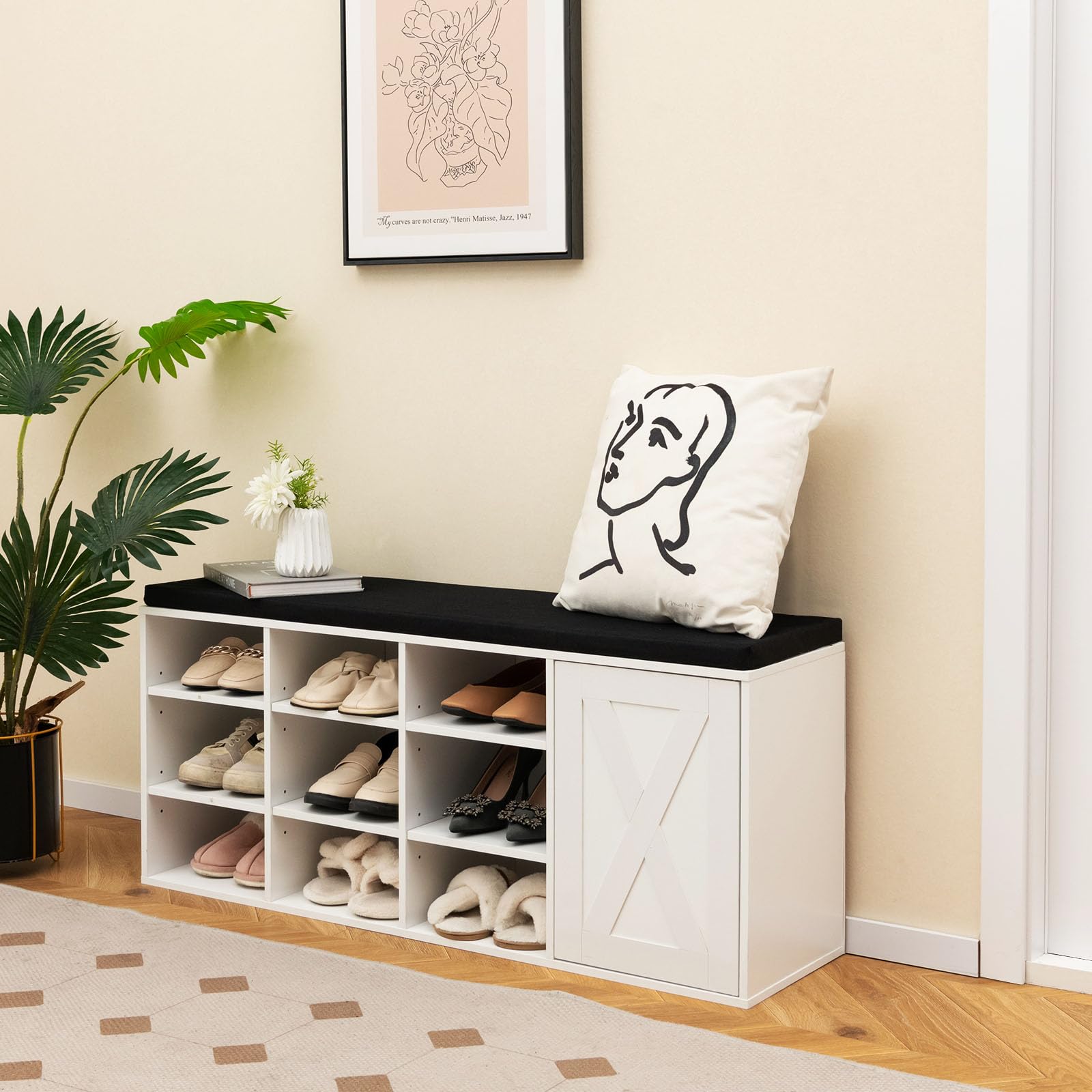 HOMASIS 3 Niveles Banco Zapatero con Estantes Ajustables, Zapatero de Madera con 9 Compartimentos y Cojín Acolchado, Banco de Almacenamiento para Pasillo, Sala de Estar, 110,5 x 30 x 49 cm (Blanco)