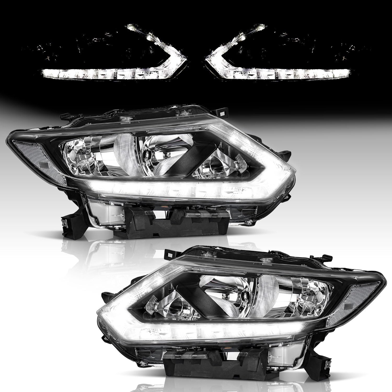WEELMOTO Headlights Assembly with LED DRL Strip Pair Set for 2014 2015 2016 Nissan Rogue, Fits Factory Halogen Models Only (NO PROJECTOR & NOT FOR FACTORY LED MODELS)