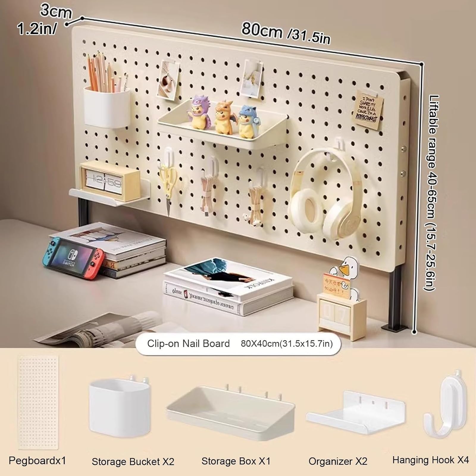 Genérico Soporte de Tablero Perforado de Metal con Altura Ajustable, Kit Organizador de 31 x 16 Pulgadas para Oficina, Estudio, Dormitorio y Cocina. Solución versátil para exhibir y almacenar Tablero