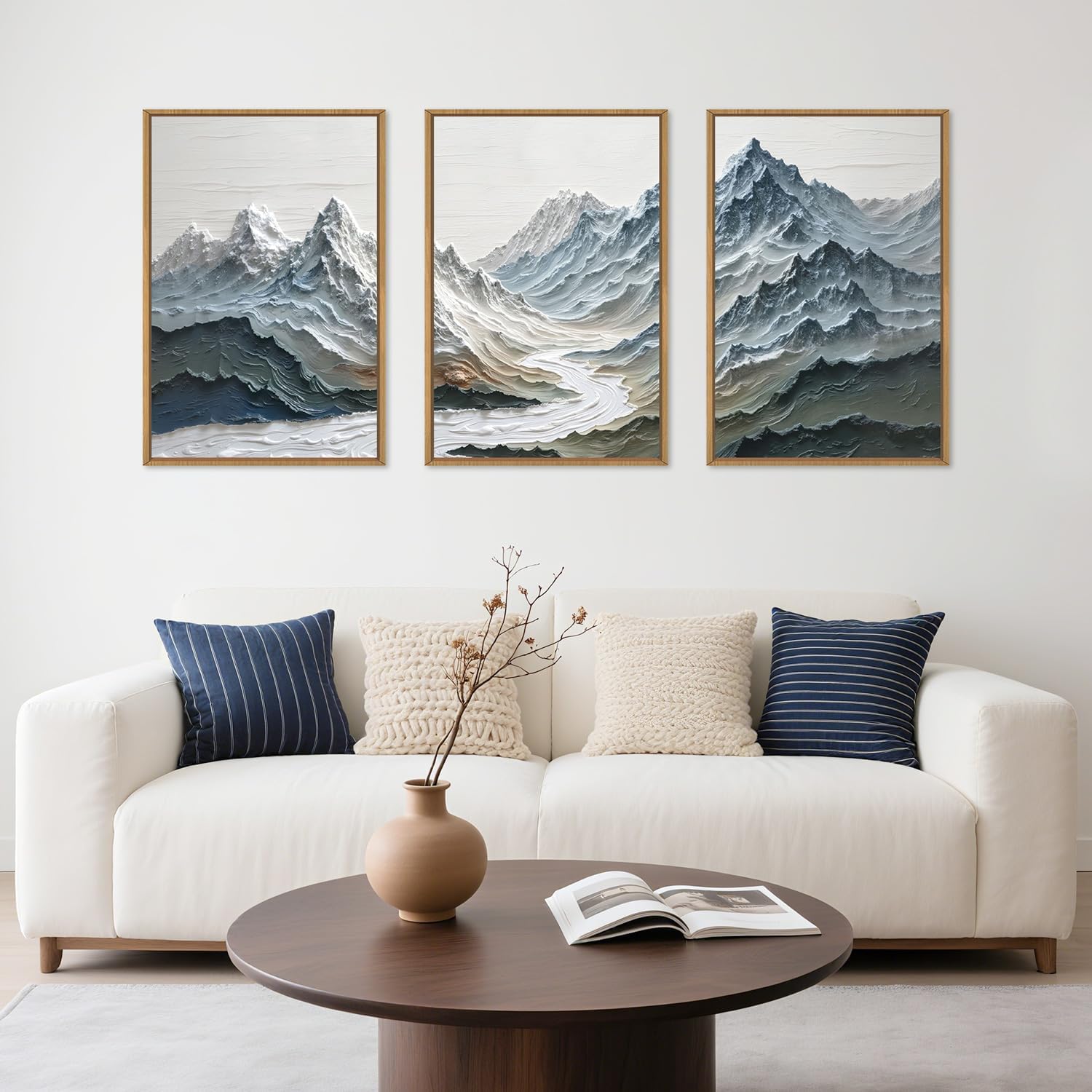 Condition photo showing New/Like New for large snow mountain river framed canvas wall art set,modern abstract nature landscape wall decor,neutral blue and white ridge scenery artwork for living room,bedroom,office-16 x24 x3 snow mountain river wall art 16"l x 24"w