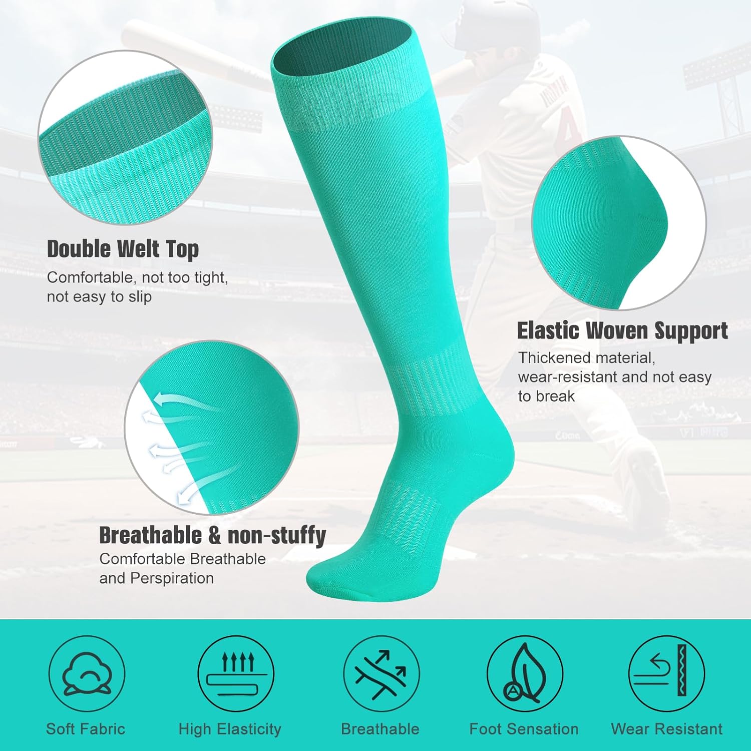 3 Pairs Soccer Baseball Sock, Youth Men and Women Knee High Softball Football Socks for Sports - Image 4