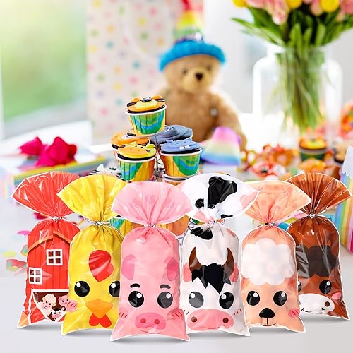 Miniatura 5 de Pajean 120 bolsas de recuerdo de fiesta de animales de granja, bolsas de regalo de dulces de plástico, decoración de granja para baby shower, niños