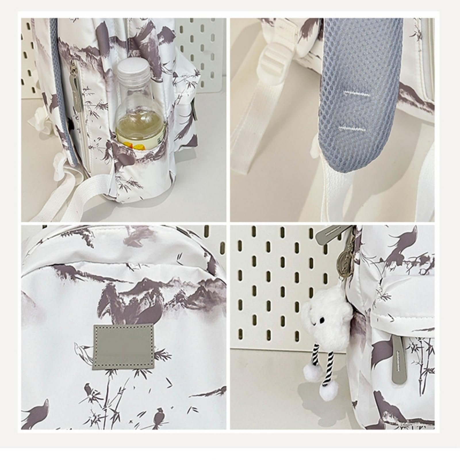 Zaino Inchiostro Paesaggio Stampa Nylon Zaino, Harajuku Stile Grande capacità Borsa Scolastica per Le Donne Uso Giornaliero di Viaggio-Gray