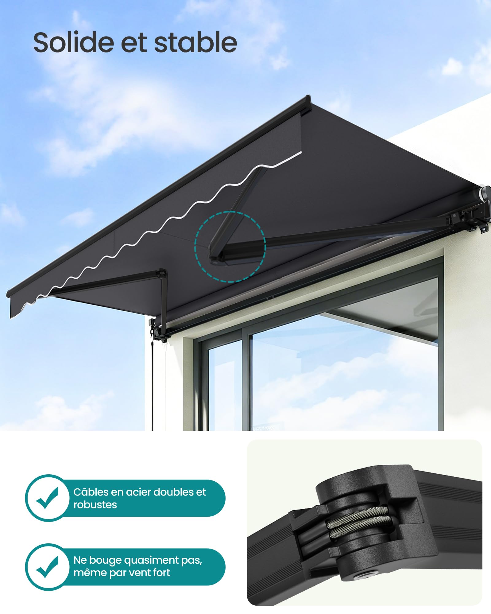 SONGMICS Store Banne Rétractable, Store Manuel avec Manivelle, Protection Solaire pour Balcon, Jardin, UPF 50+, Alliage d’Aluminium, Réglable, 300 x 250 cm, Gris GSA306GZ01