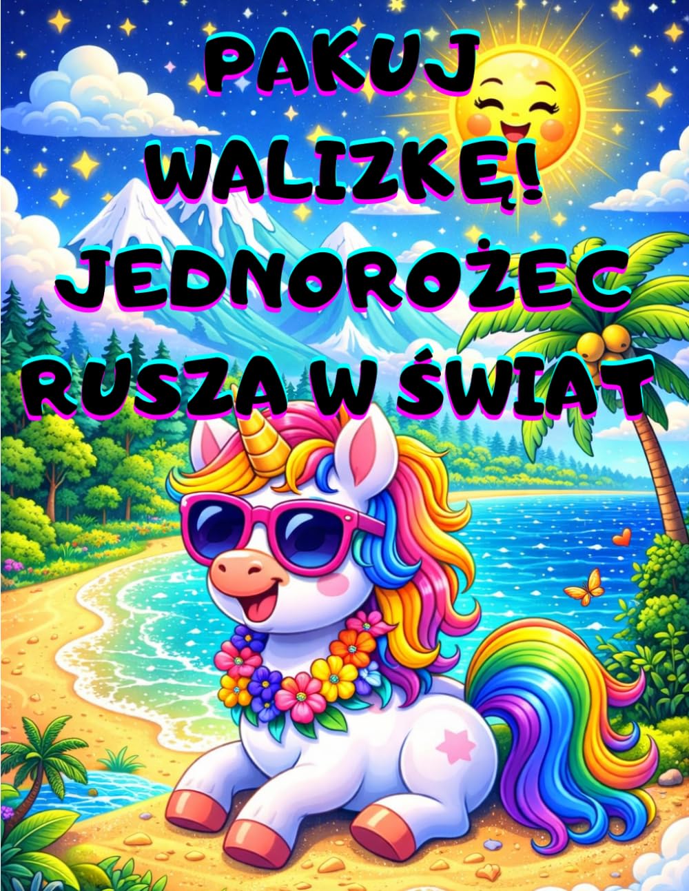 PAKUJ WALIZKĘ! JEDNOROŻEC RUSZA W ŚWIAT. Kolorowanka dla dzieci 4–8 lat z 50 obrazkami przedstawiającymi morze, góry, dżunglę, miasto i kosmos. dziewczynki i chłopcy. prezent święta.