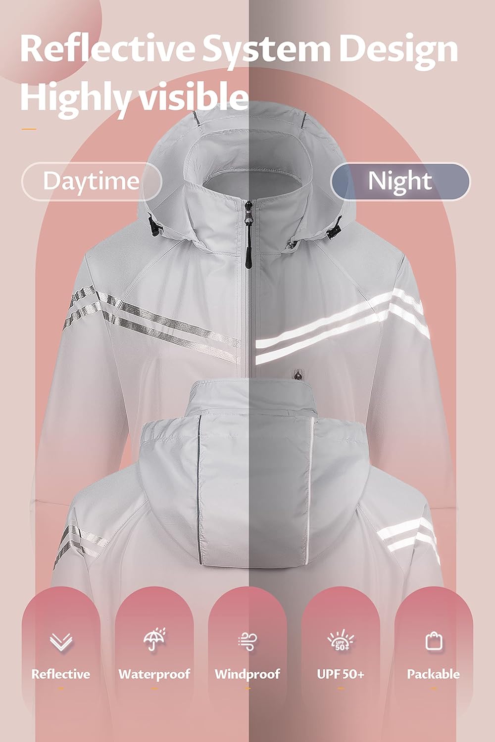 CREATMO US Women's Packable Waterproof Running Rain Coat Reflective Cycling Jacket Windbreaker With Detachable Hood - Image 2