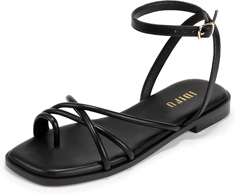 IDIFU Strappy Flat Sandals for Women Square Open Toe Ankle Strap