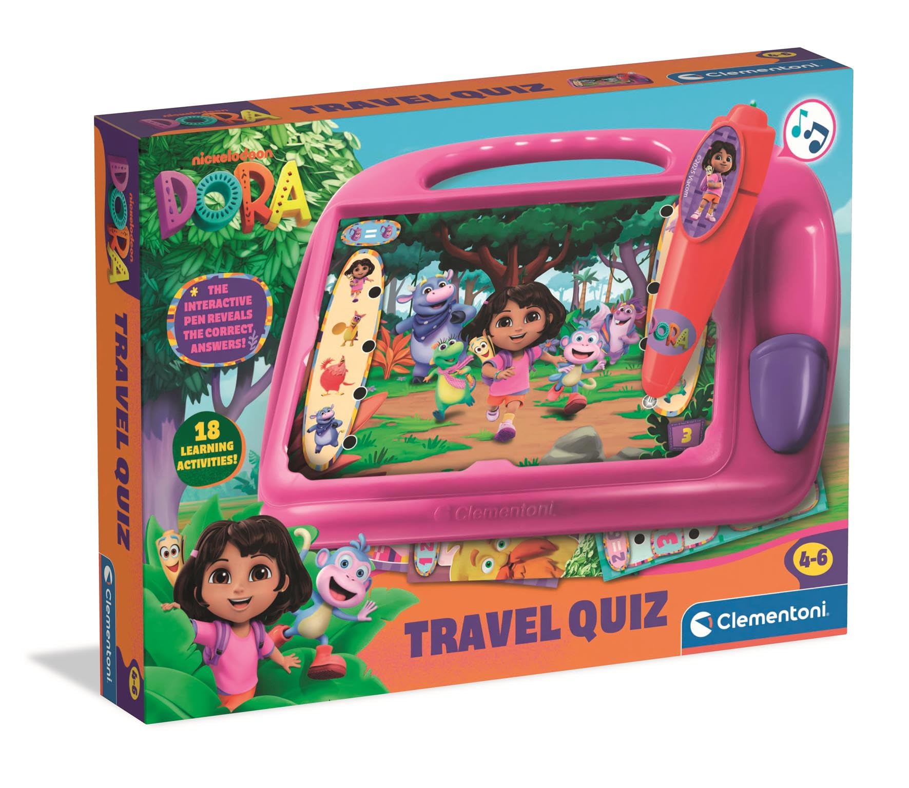Clementoni Dora The Explorer - Travel Quiz Game With Electronic Pen, Includes 9 Cards and 18 Educational Activities for Kids Age 3+