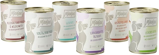 MjAMjAM - Wysokiej jakości mokra karma dla psów zestaw mieszany II z kurczakiem i kaczką, wołowiną, indykiem, jagnięciną, 6 sztuk (6 x 400 g), bez zbóż, z bardzo dużą ilością mięsa