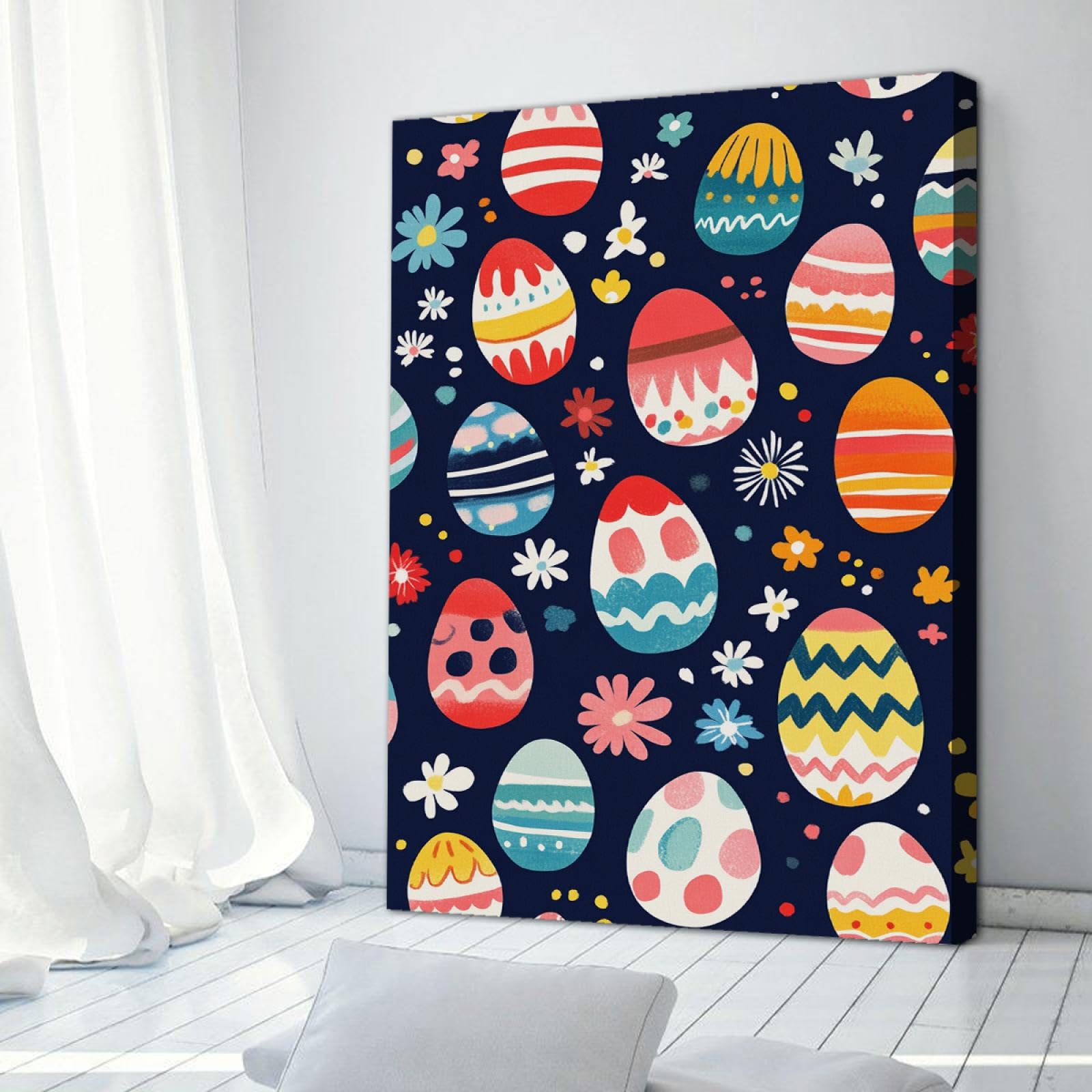 Kreskówka styl anime płótno malarstwo ścienne kolorowe pisanki i dzikie kwiaty plakat malarstwo wzór do salonu dekoracja domu 70 x 100 cm rama wewnętrzna