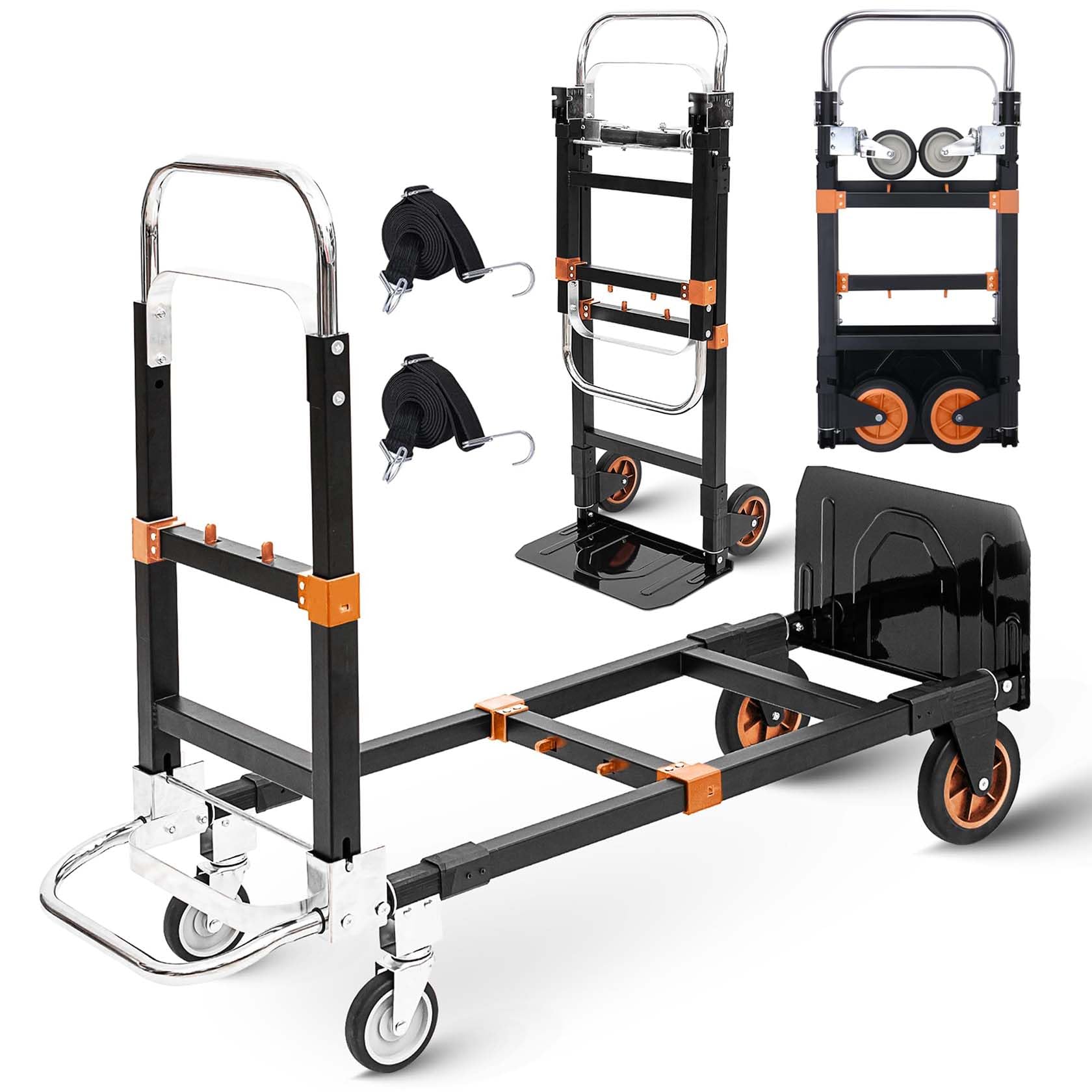 Upgraded 3 in 1 Folding Hand Truck, 600 lbs Convertible Heavy Duty Dolly Cart, Collapsible Hand Trucks with 4 Rubber Wheels and Retractable Handle for
