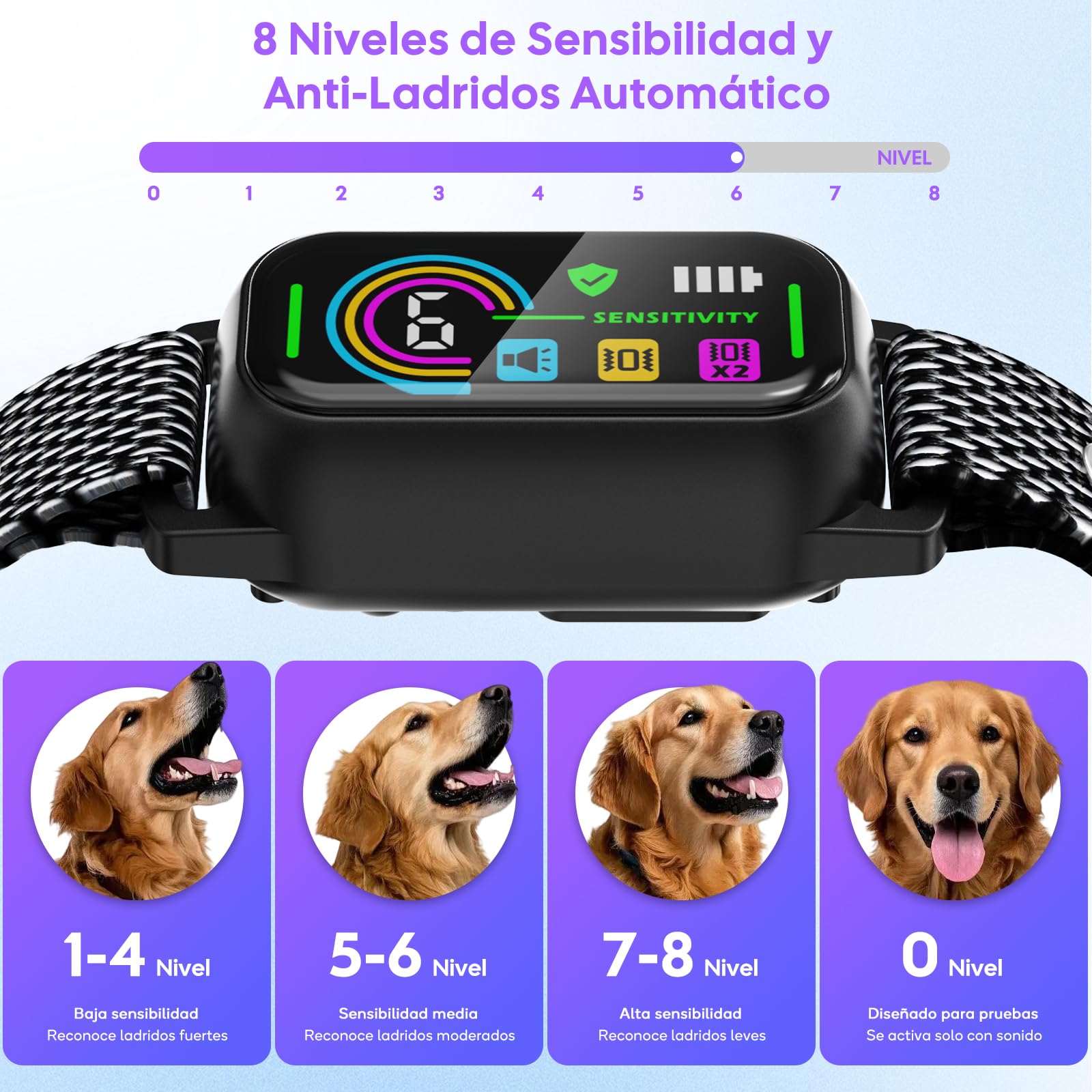 Collar Antiladridos para Perros, Antiladridos y Antiaullidos para Perros, 4 Modos de Vibración/Sonido, Impermeable IP67, Dispositivo Recargable para Detener los Ladridos Grande Mediano Pequeño