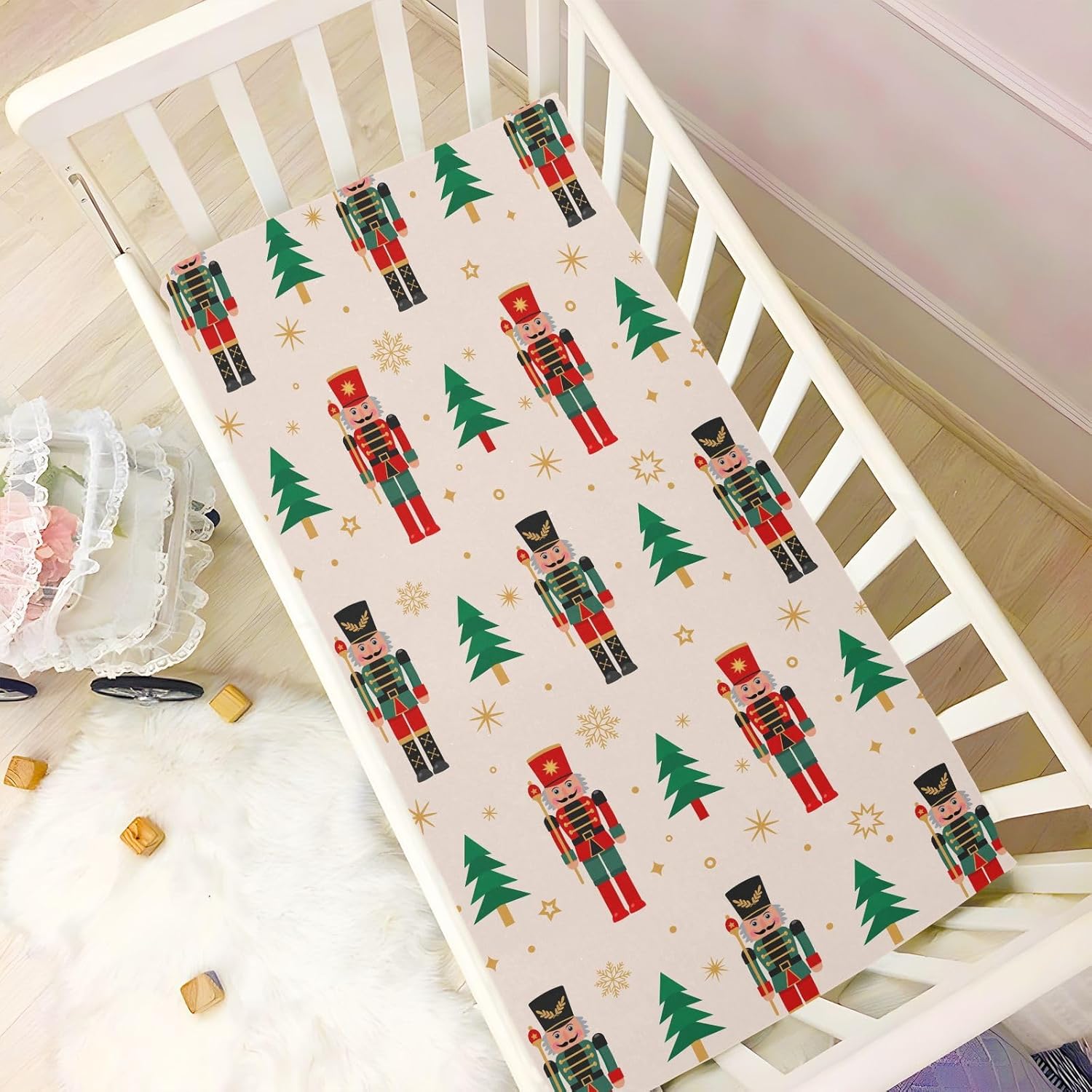Christmas Nutcracker Crib Sheets for Boys Girls - Portable Microfiber Fitted Crib Sheet for Standard Crib and Toddler Mattress, Soft & Breathable, 28x52 Inch