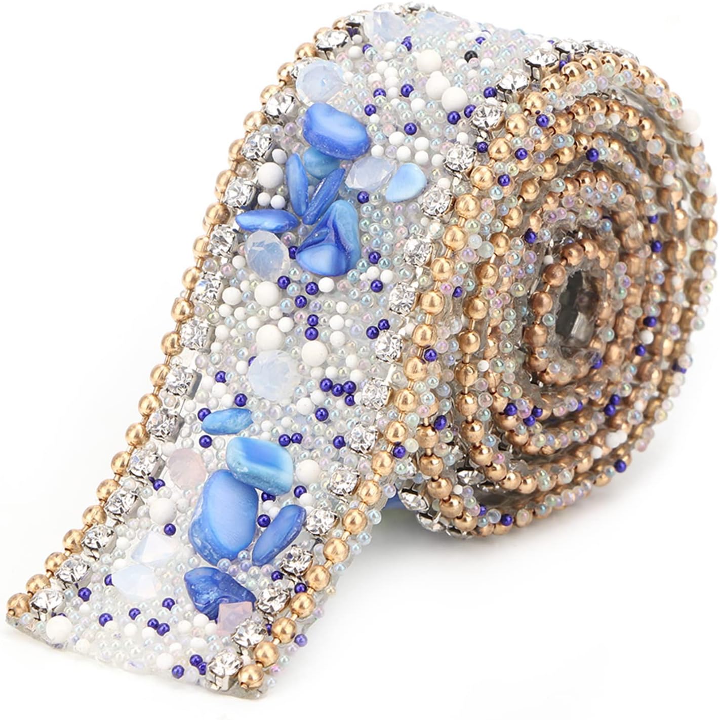 Diamond Ribbon, Dazzling 2.5cm DIY Diamond Mesh Wrap Roll Crystal Rhinestones Chain Trim Ribbon Decoration (Sapphire Blue Stone + Gold Bead Chain)