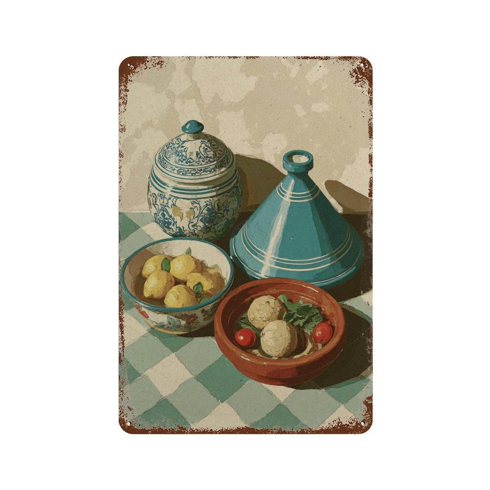 xiaoxiaoshen Moroccan Tagine Still Life Blue Kitchen Food Table Scene Minimal Wall Decor Art Metal Tin Poster Modern Home Decor Art Home Bar Shop Decorations Vintage Sign 30x20cm