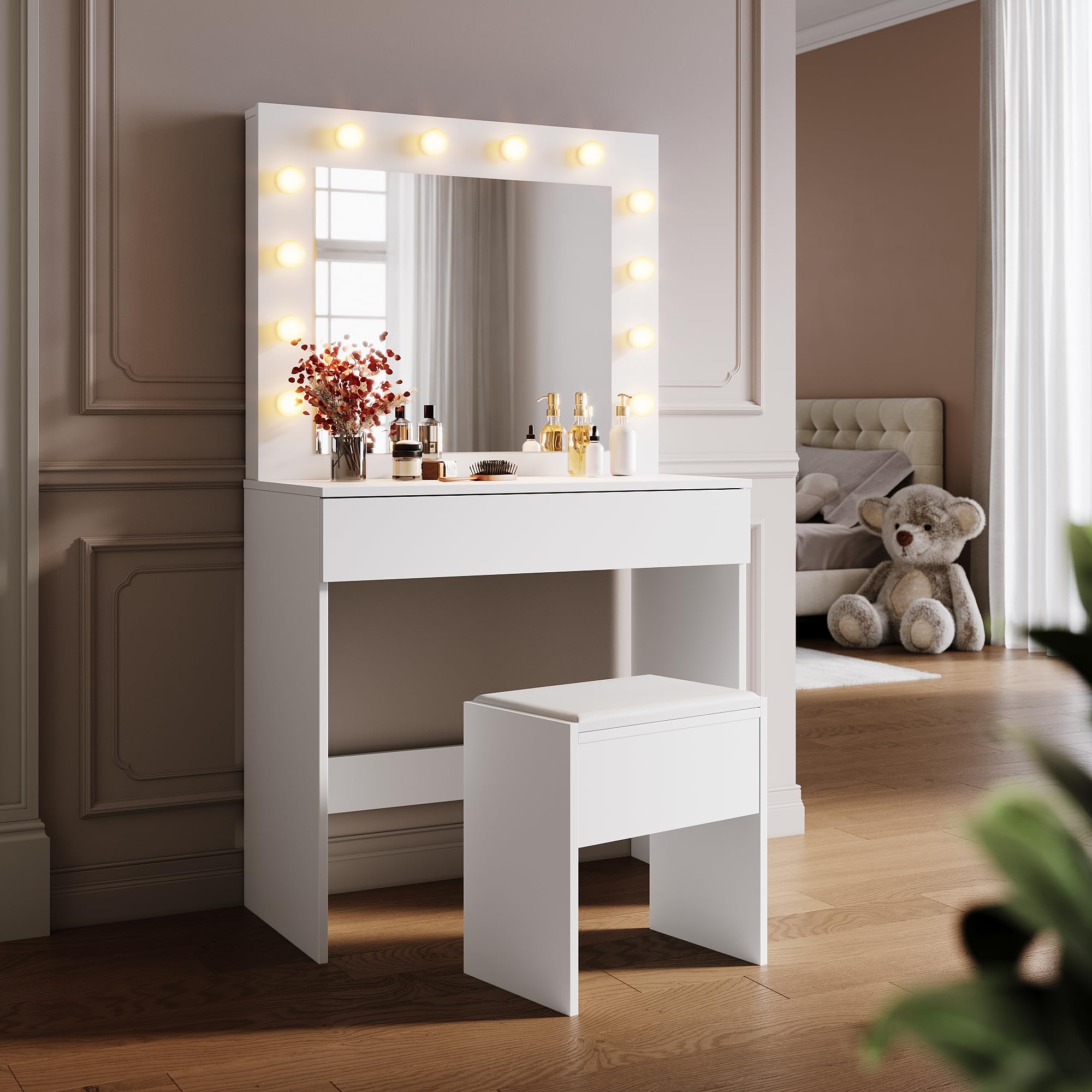 SONNI Schminktisch mit Hocker, Spiegel, Schubladen, Weiß, 80x40x140cm