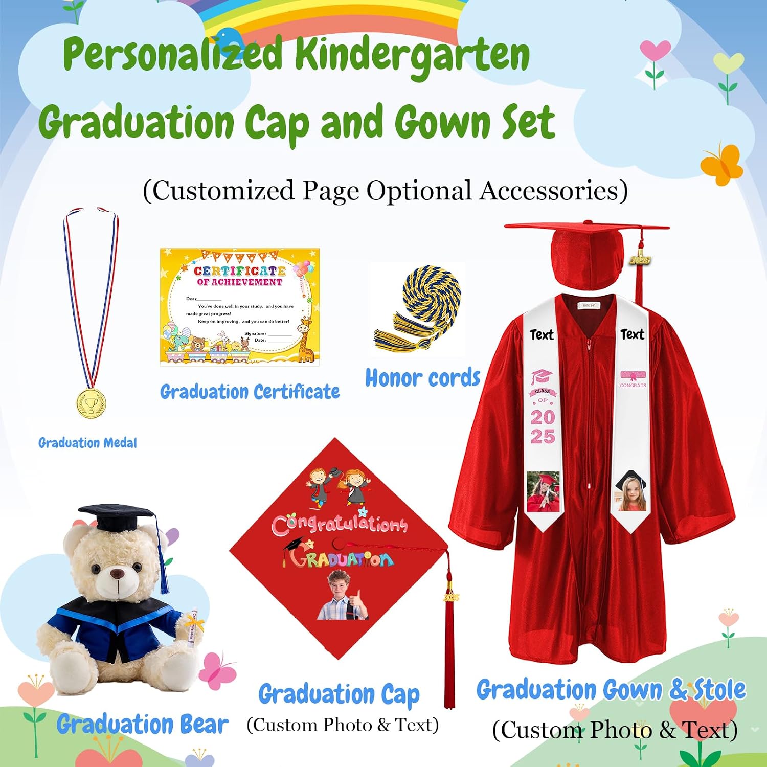Custom Kindergarten Graduation Cap and Gown, Personalized Prek Graduation Cap and Gown with Grad Stole for Kids