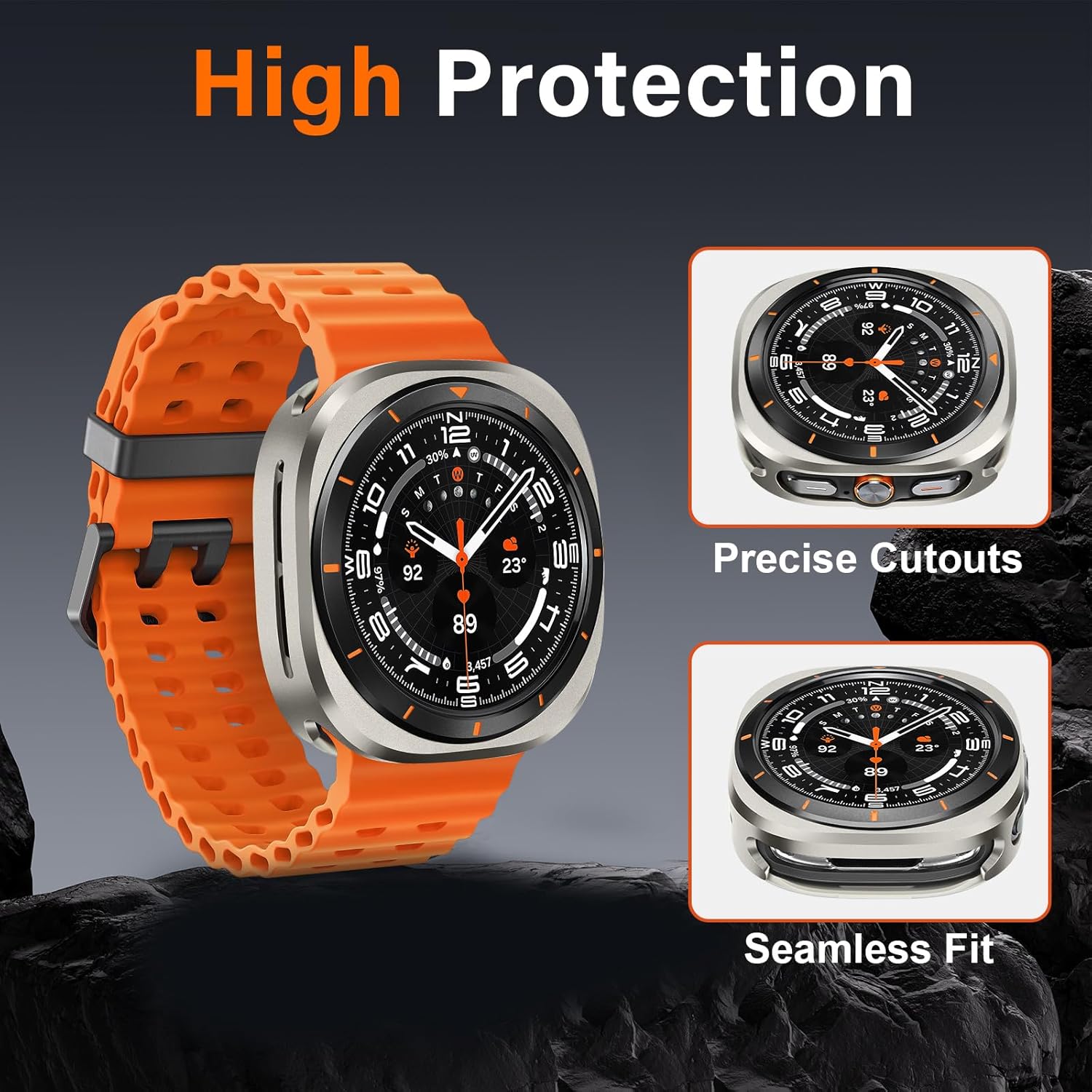Amizee Rugged Case Compatible with Samsung Galaxy Watch Ultra/Ultra 2(2025) 47mm with Back Cover, Metal Bumper Ultra Thin Shockproof Protective Cover for Galaxy Watch 47mm, T-Black/Orange - Image 5