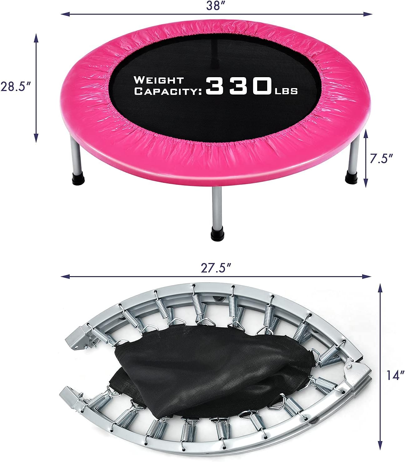 Giantex 36" 38" Folding Mini Trampoline, Portable Recreational Fitness Trampoline for Adults, Kids, Max Load 330lbs, Foldable Indoor Exercise Rebounder Trampoline