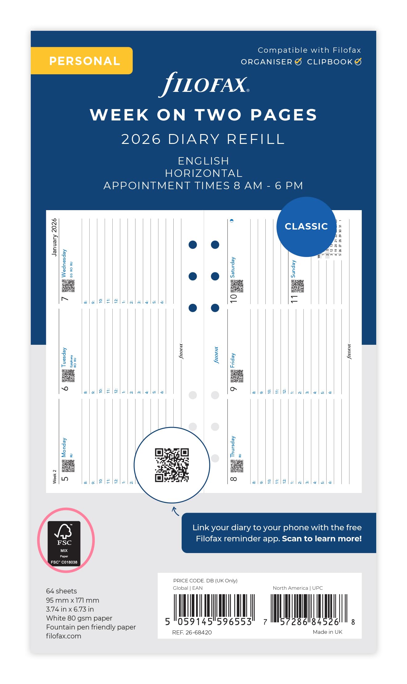 Filofax Personal horizontal week on two pages with appointments English 2026 diary 26-68420