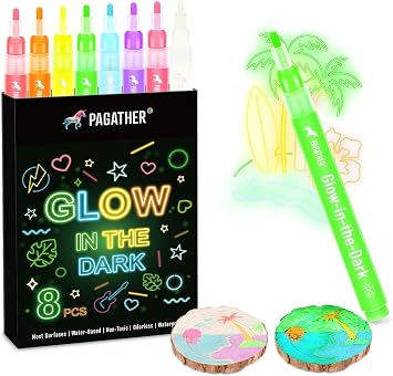 8 Colors Glow in the Dark Markers 2mm Round Tip Neon Fluorescent Paint Pens for Rock Painting, Fabric, Glass, Wood, and DIY Crafts