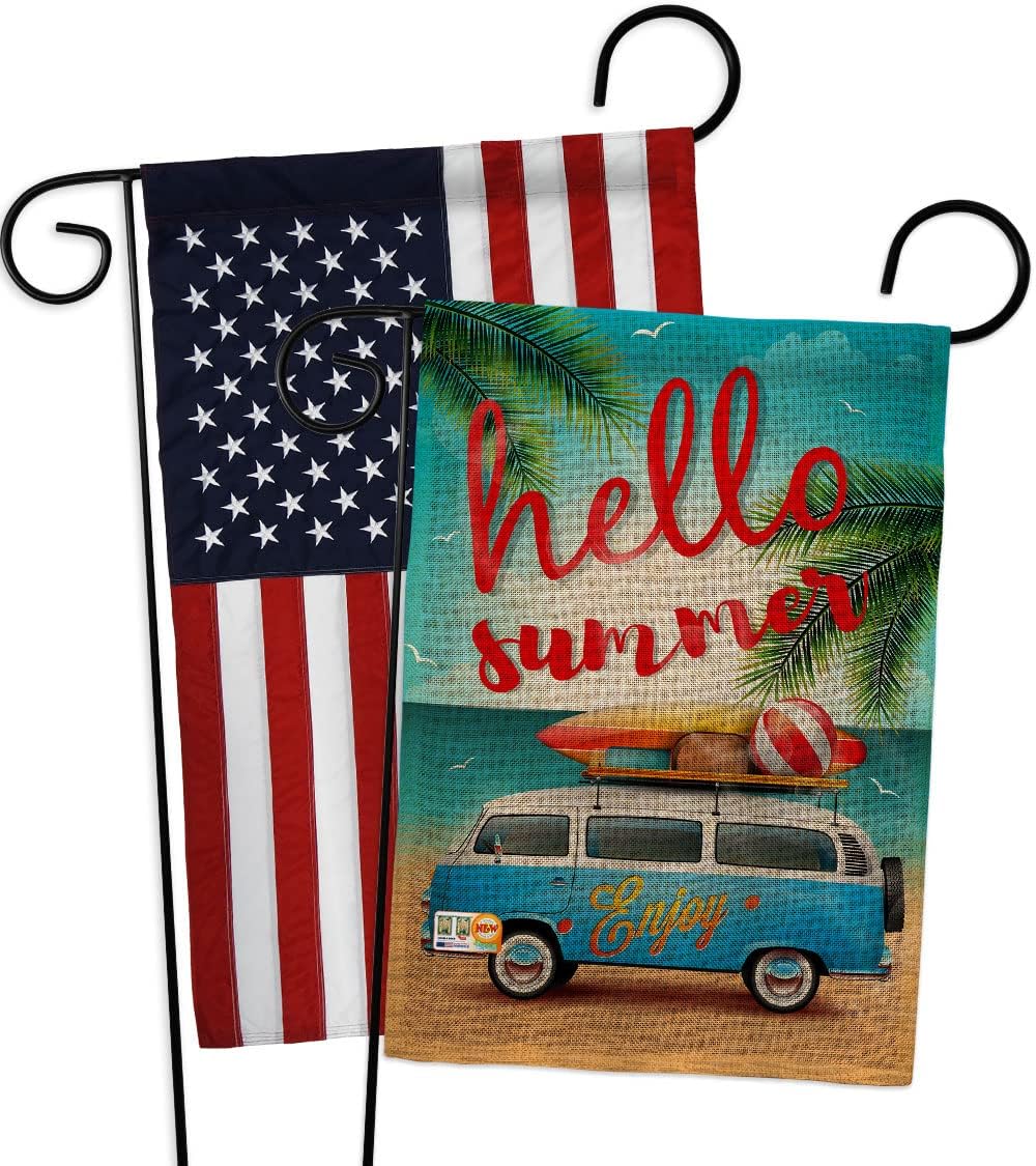 Fun In The Sun Hello Summer, Enjoy Bus Garden Flags Pack Summer Beach Pool Luau Tropical Party Season Outdoor Summertime Sunny USA Applique Small Gift Yard House Banner Double-Sided Made 13 X 18.5